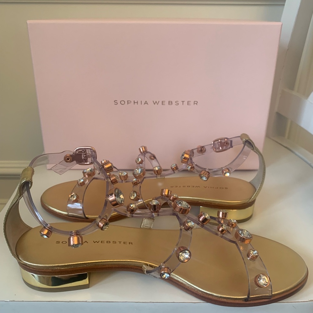 Sophia Webster Dina Flat Sandal Gold Silver rhinestone jelly Sz 39 NEW w/ box - Picture 13 of 16